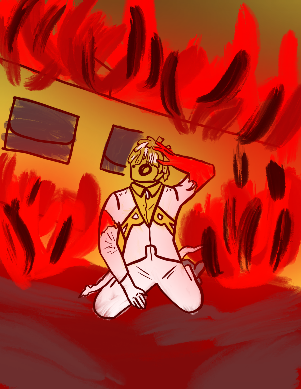 R, the false god, emerging from the rubble of Red's chair reversion